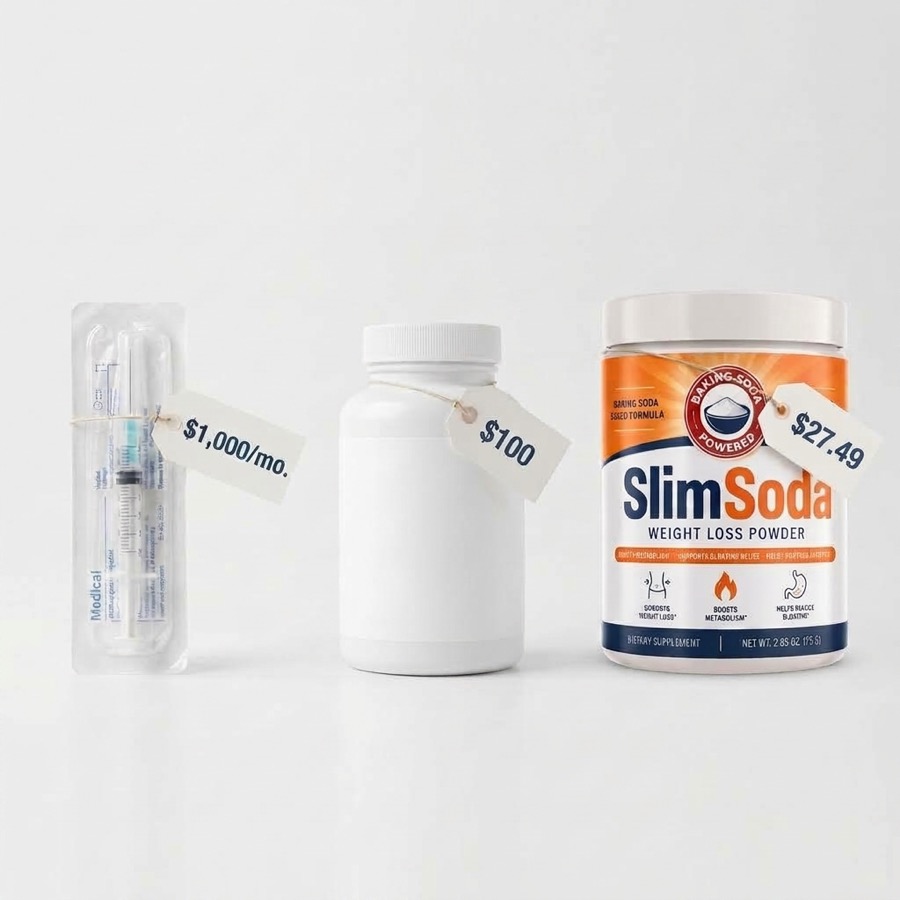 Price comparison graphic with a $1,000 per month syringe, a $100 fancy capsule bottle, and a SlimSoda tub at $27.49