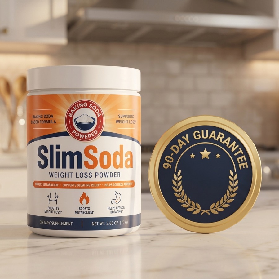 90-Day money-back guarantee badge next to a SlimSoda tub